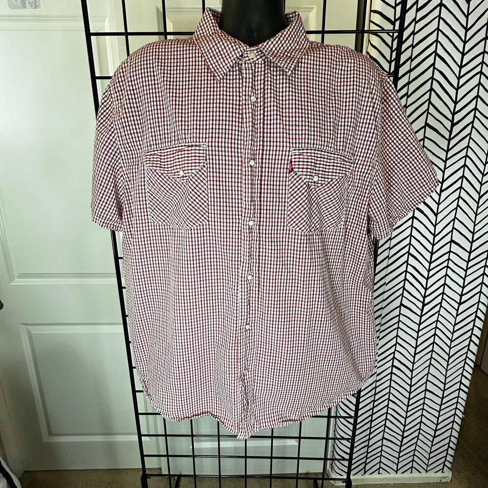 Levis Mens Short Sleeve Pearl Snap Western Shirt Red White Gingham Plaid